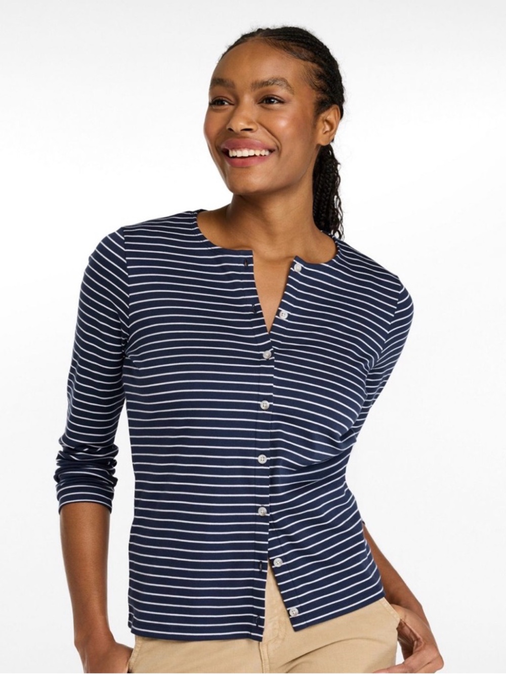 L.L. Bean - Crewneck Button Down Cardigan Navy & White Stripe - Pima Shirt sz L